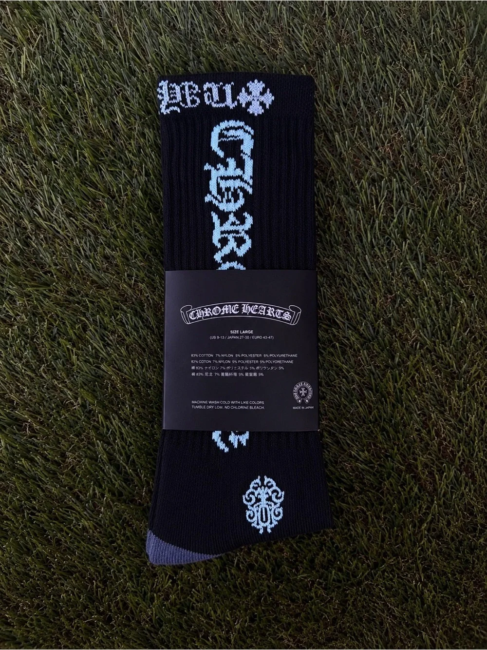 Chrome Hearts Black & Light Blue Gothic Logo Crew Socks